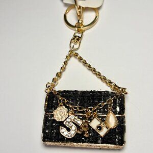 Fashion Jewelry Tweed Purse Keychain Gold Bag Charm Bling Paris Eiffel Tower